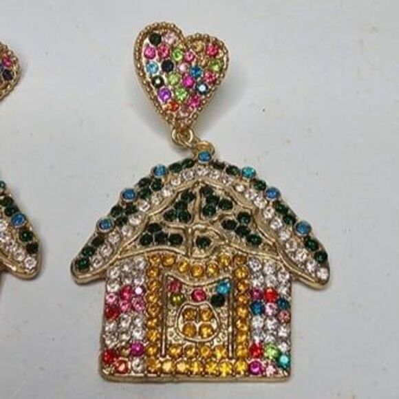 Adorable Gingerbread House Heart Crystal-Embellished Drop Earrings - Picture 2 of 4